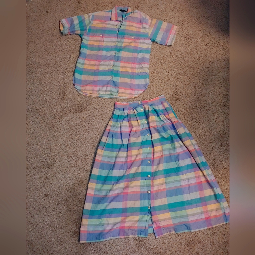 Vintage 80s Does the 50s Nautical Striped Two Piece Skirt Top Set